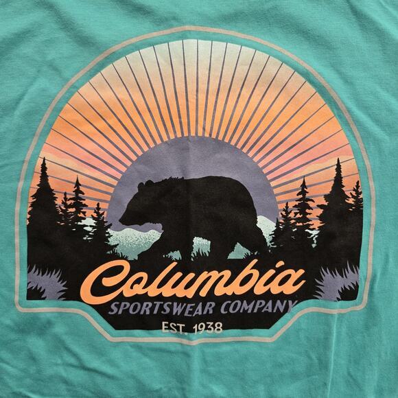 Columbia Men's Kujo‎ Graphic T-Shirt Size Medium Teal Blue Bear Sunrise - Picture 7 of 7